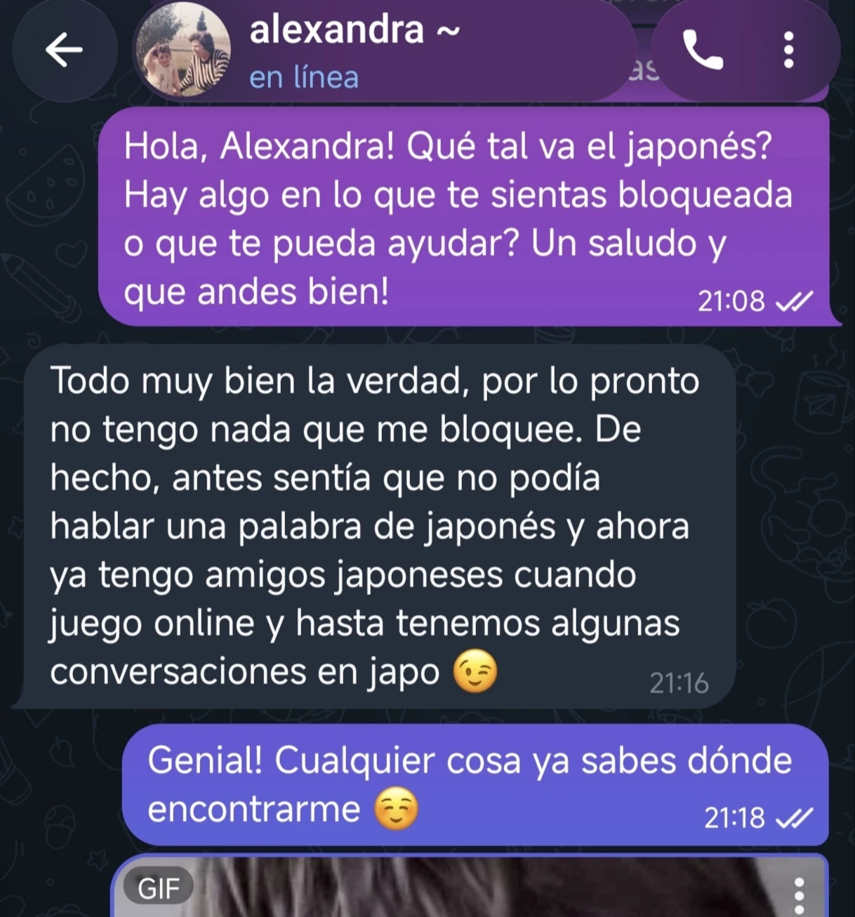 Mensaje de Alexandra sobre conversaciones en japonés