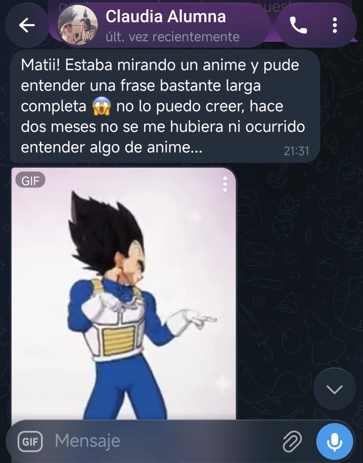Mensaje de Claudia sobre comprender una frase de anime
