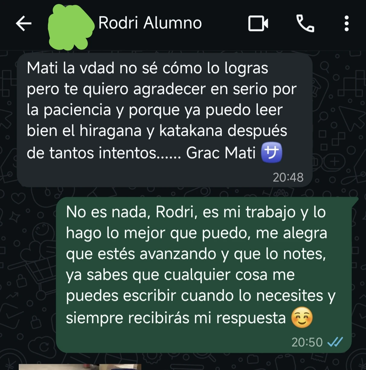 Mensaje de Rodri sobre su avance leyendo hiragana y katakana